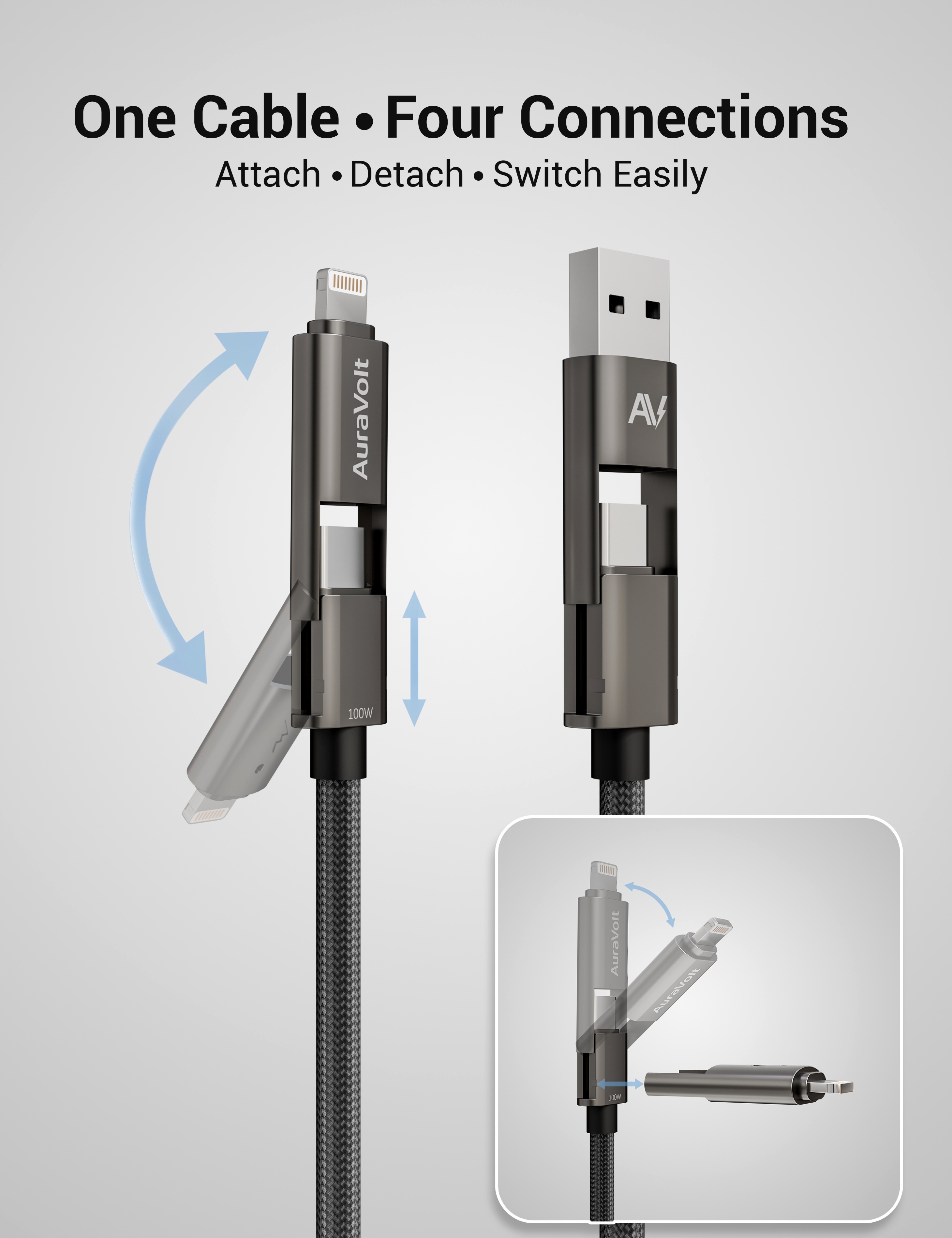 AuraVolt OmniMag 100 Pro detachable connector heads for attach and detach use